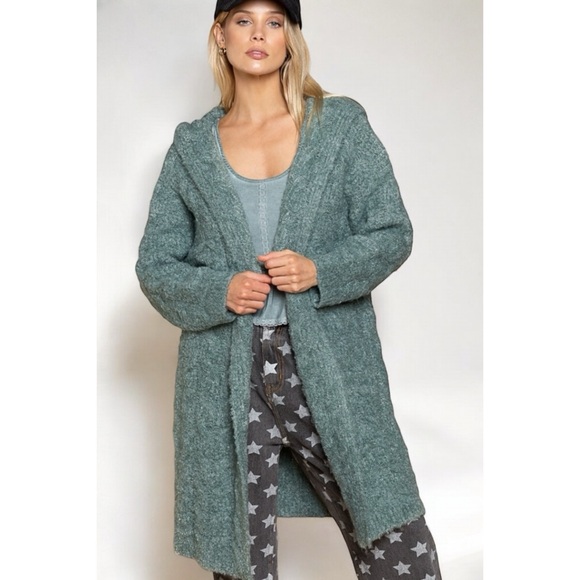 POL Jade Green Plush & Fuzzy Soft Knit Hooded Long Cardigan Solid Color - Picture 3 of 6